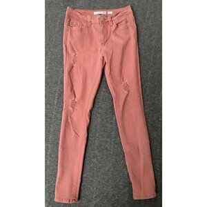 YMI WannaBettaButt Juniors Size 9 Mid Rise Distressed Skinny Jeans Pink Denim‎